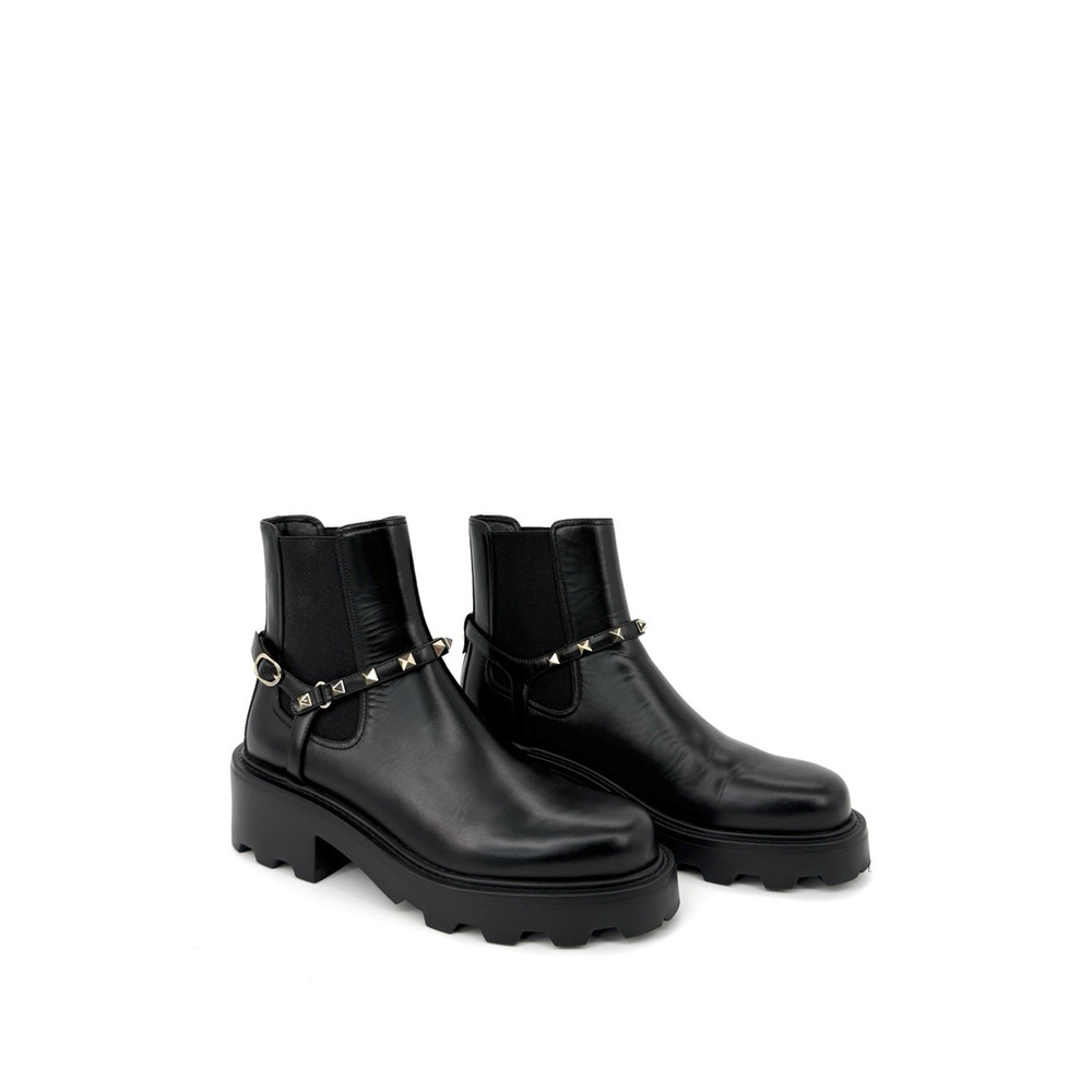 Valentino Garavani 38.5 Beatle 55 Rockstud Chelsea Ankle Boots Black Leather